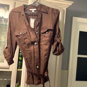 NWT DRESSBARN LARGE BROWN LINEN BUTTON DOWN TOP